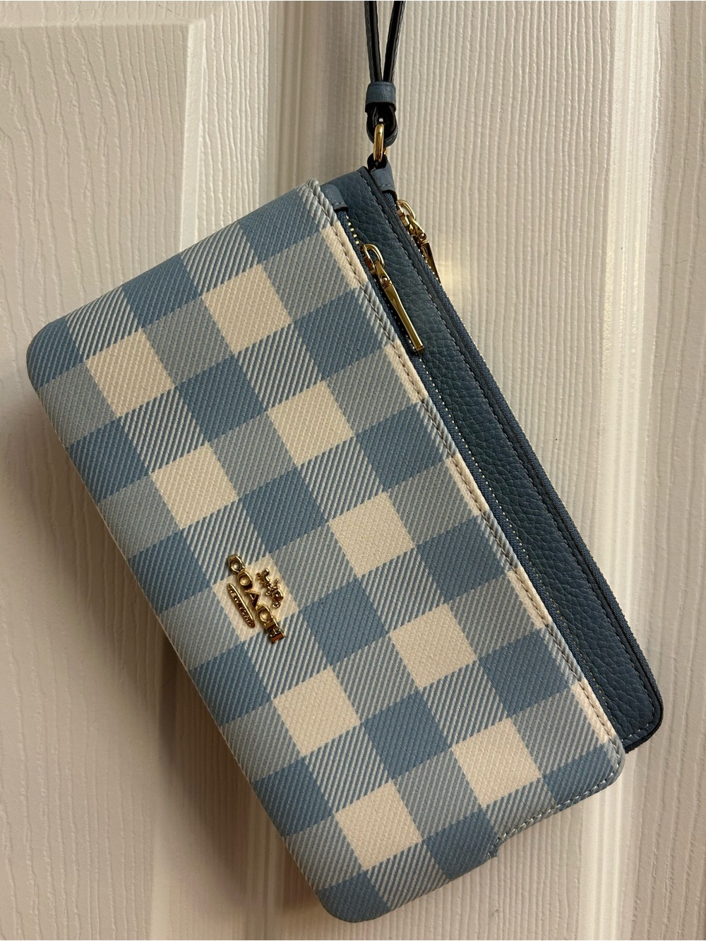 Coach Blue and Cream Gingham Wristlet with Gold Hardware
